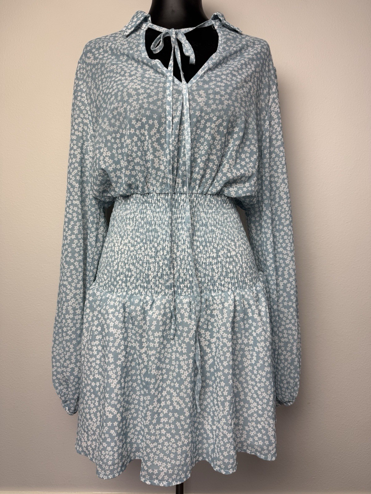 Women’s Blue Floral Long Sleeve V-Neck Mini Dress Size Large Smocked Waist