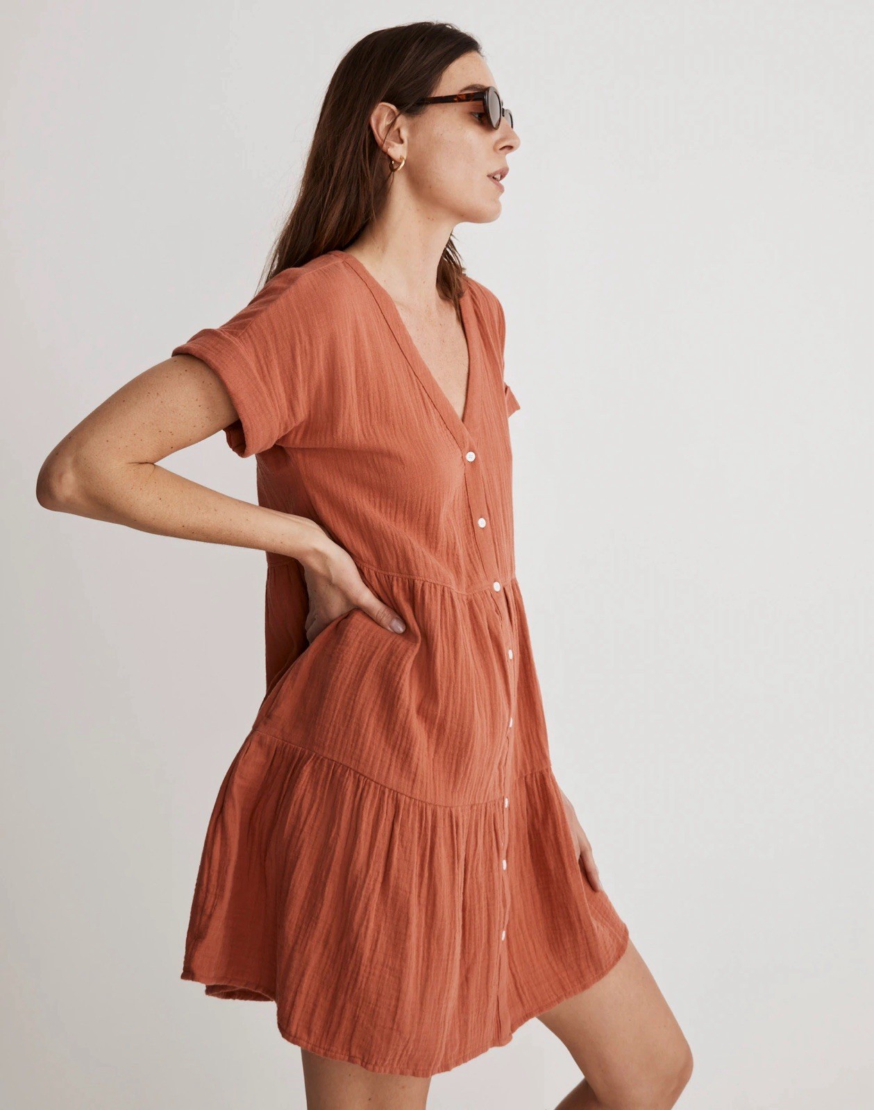 Madewell Womens Lightspun Dress Cuff Sleeve Button Front Tiered Size XS Relaxed
