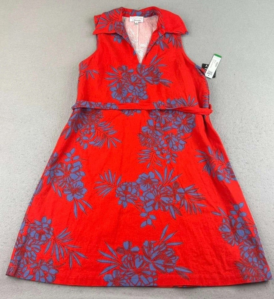 Robbie Bee Dress Womens Large Red Floral Linen Sheath Sleeveless Belted NWT