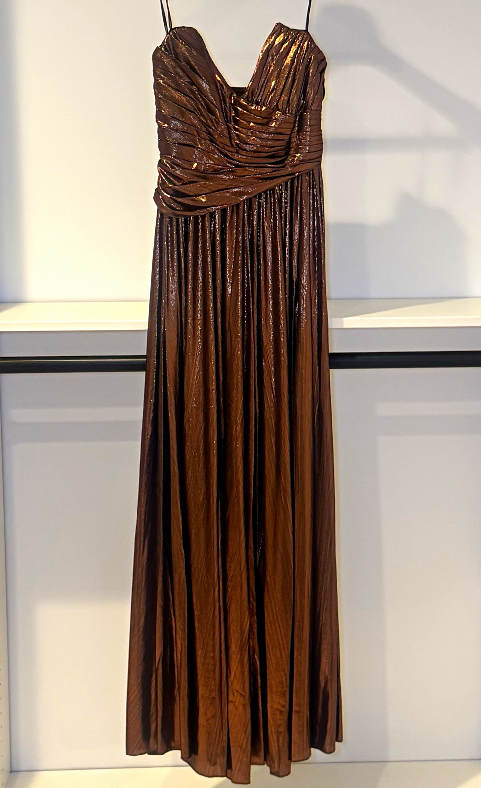 Retrofête Waldorf Metallic Maxi Gown Coffee Bean Brown Ruched Dress Size S