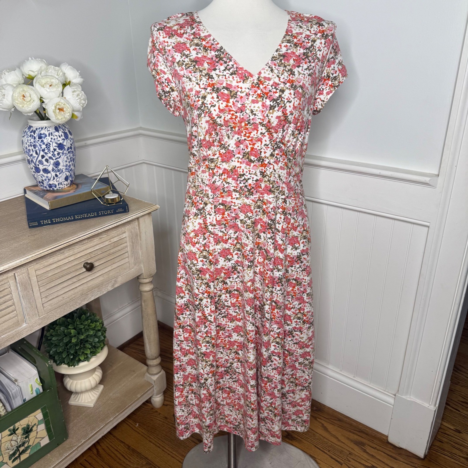Sahalie Womens Pink Floral V-Neck Short Sleeve Cotton Modal Midi Dress Size M