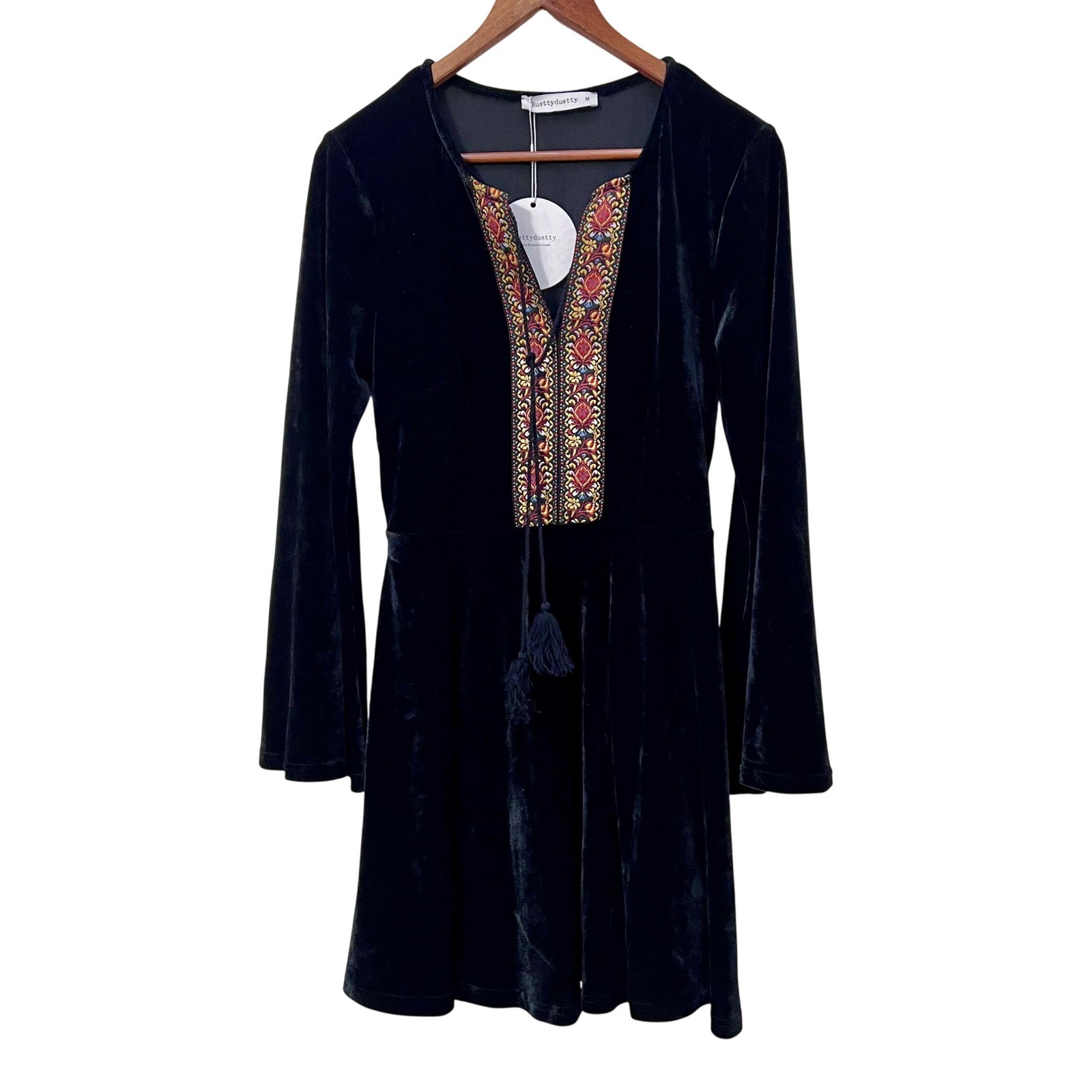 Rusttydustty Black Velvet Embroidered Boho Mini Dress Bell Sleeve Tassel NWT M