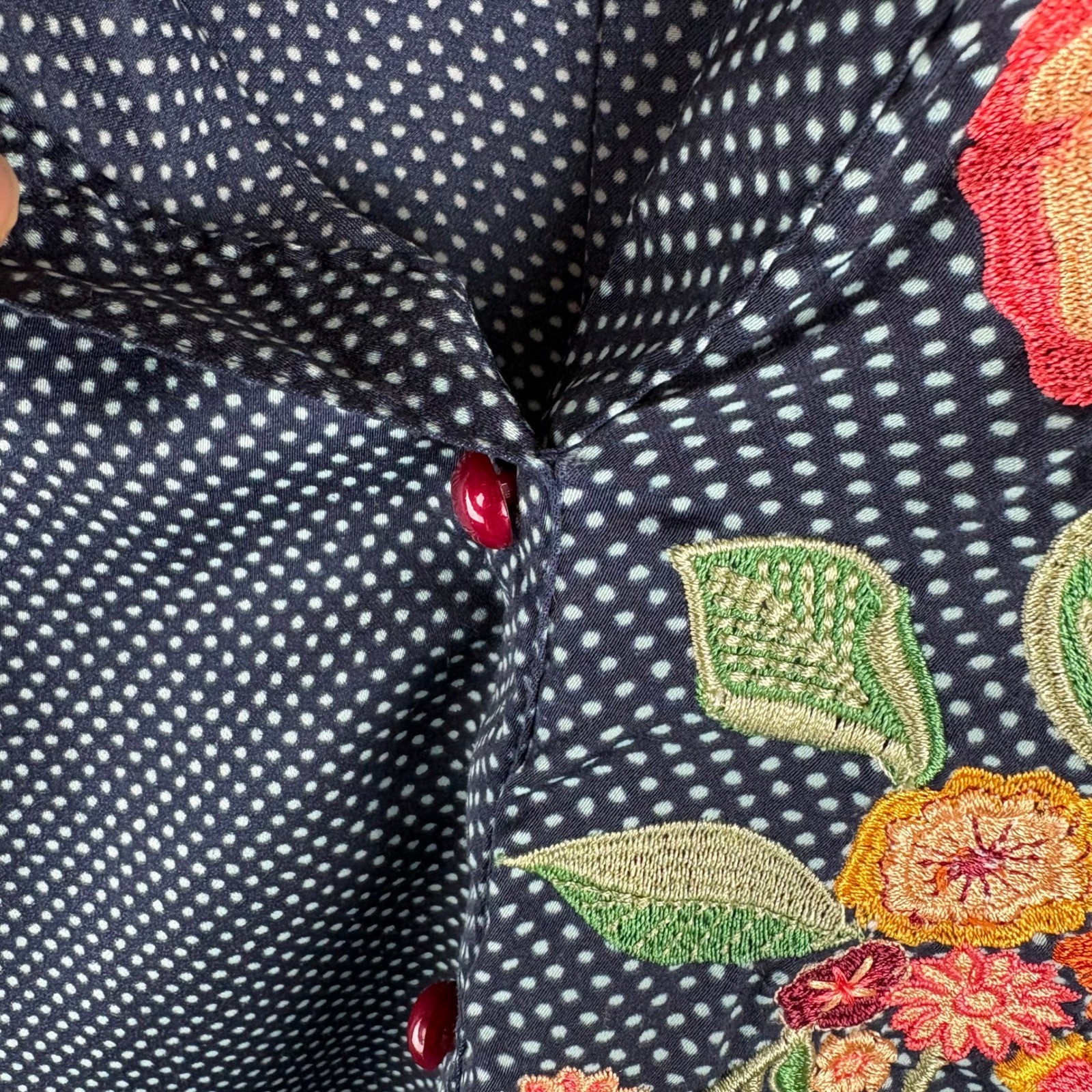 Artisan Embroidered Polka Dot Faux Shirt Dress Small Folk Art Cottagecore