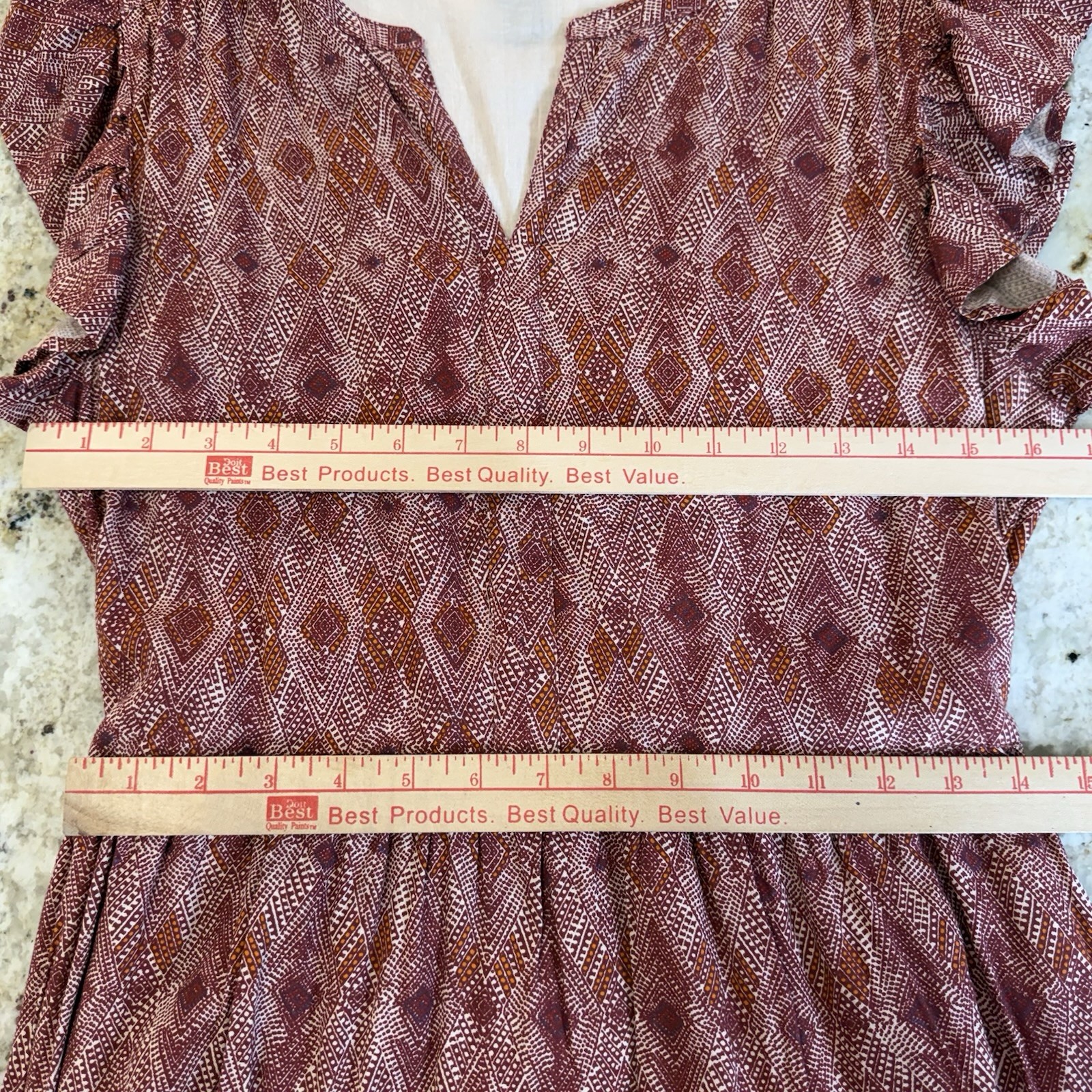 Sweet Magnolia Boho Midi Dress Medium Rust Geometric Tiered Flutter Sleeve