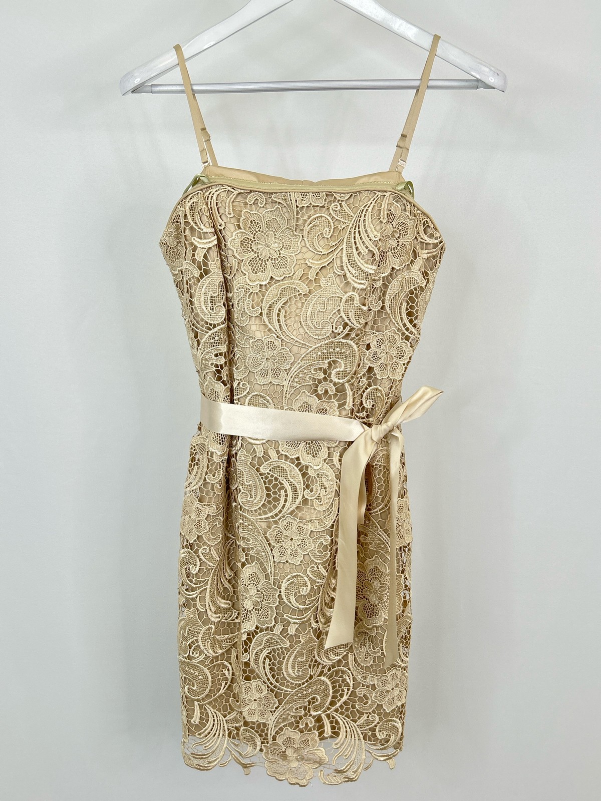 ADRIANNA PAPELL Lace Mini Dress SZ 6 Beige Women Sheath Lined Belted Barbiecore