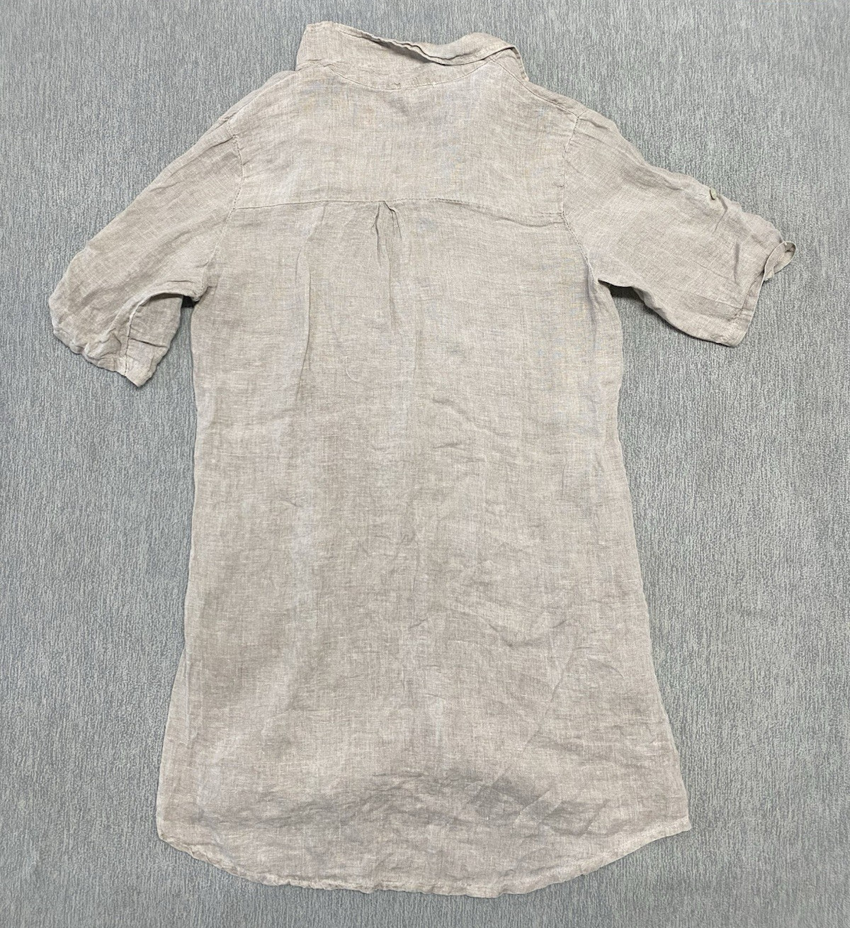 Meo Meli Tunic Top 100% Linen One Size Taupe Sand Pullover Roll Tab Short Sleeve