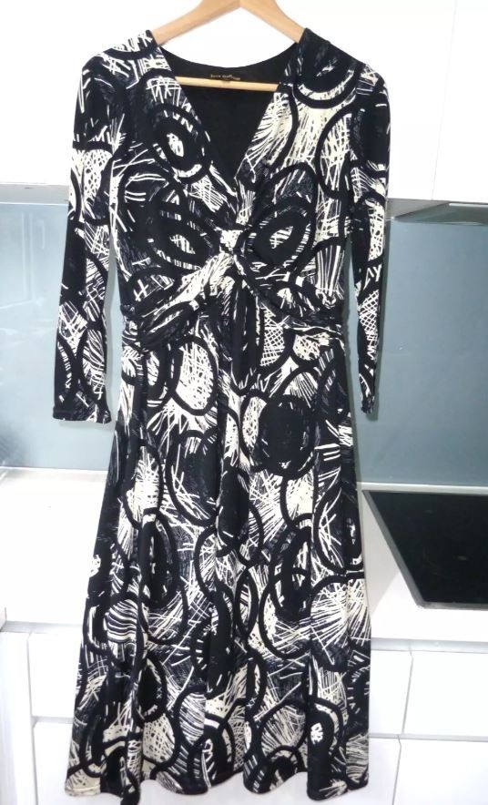 JEFF GALLANO PARIS DESIGNER black cream ABSTRACT ruched LORCA dress Size 10 12