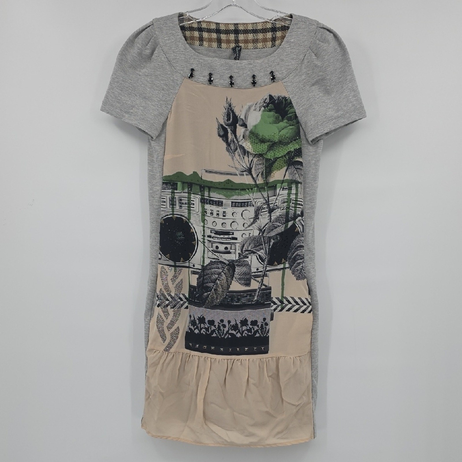 Pianurastudio Roma Y2K Stylish Gray and Beige Mini Punk Dress Size 40=S
