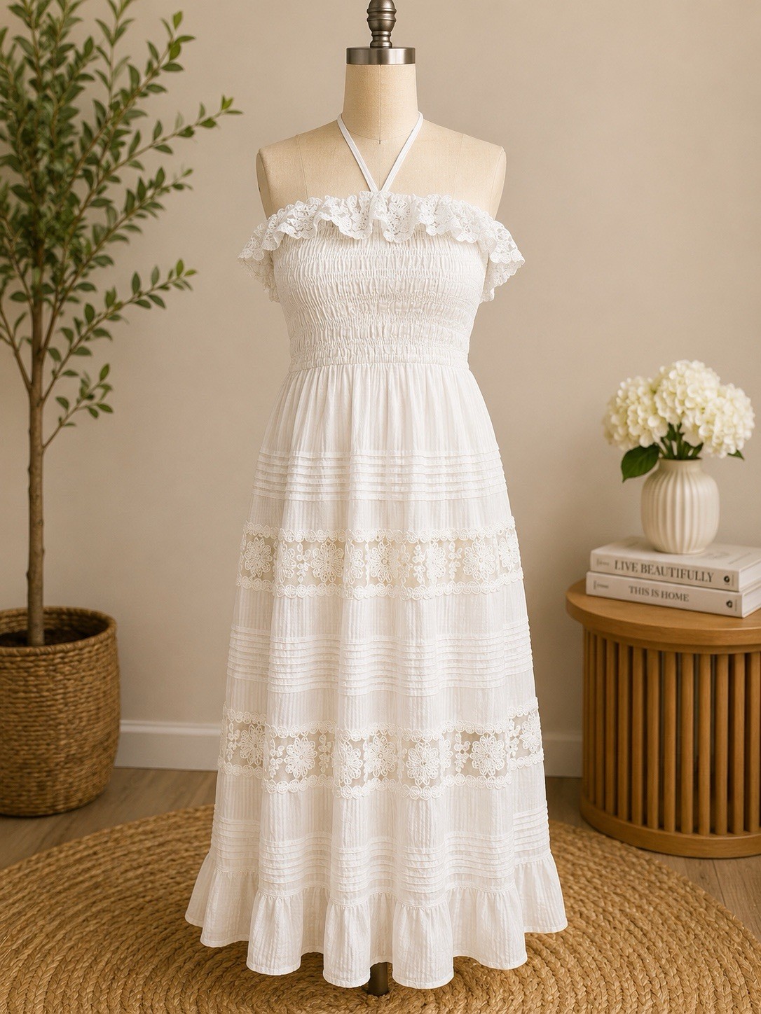 White Lace Ruffle Smocked Elastic Waist Off-Shoulder Maxi Dress One Size
