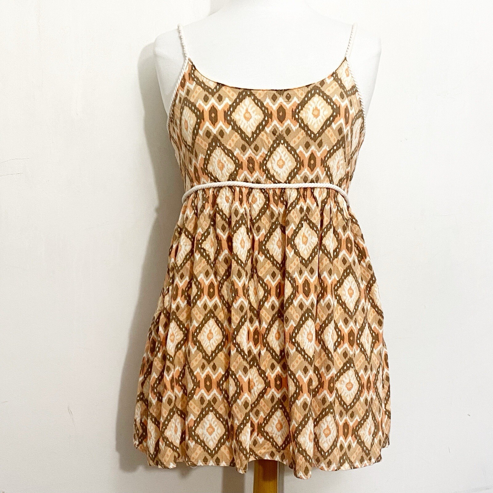 HINT OF MINT rope trim gathered waist lined light rayon blend fabric sundress L