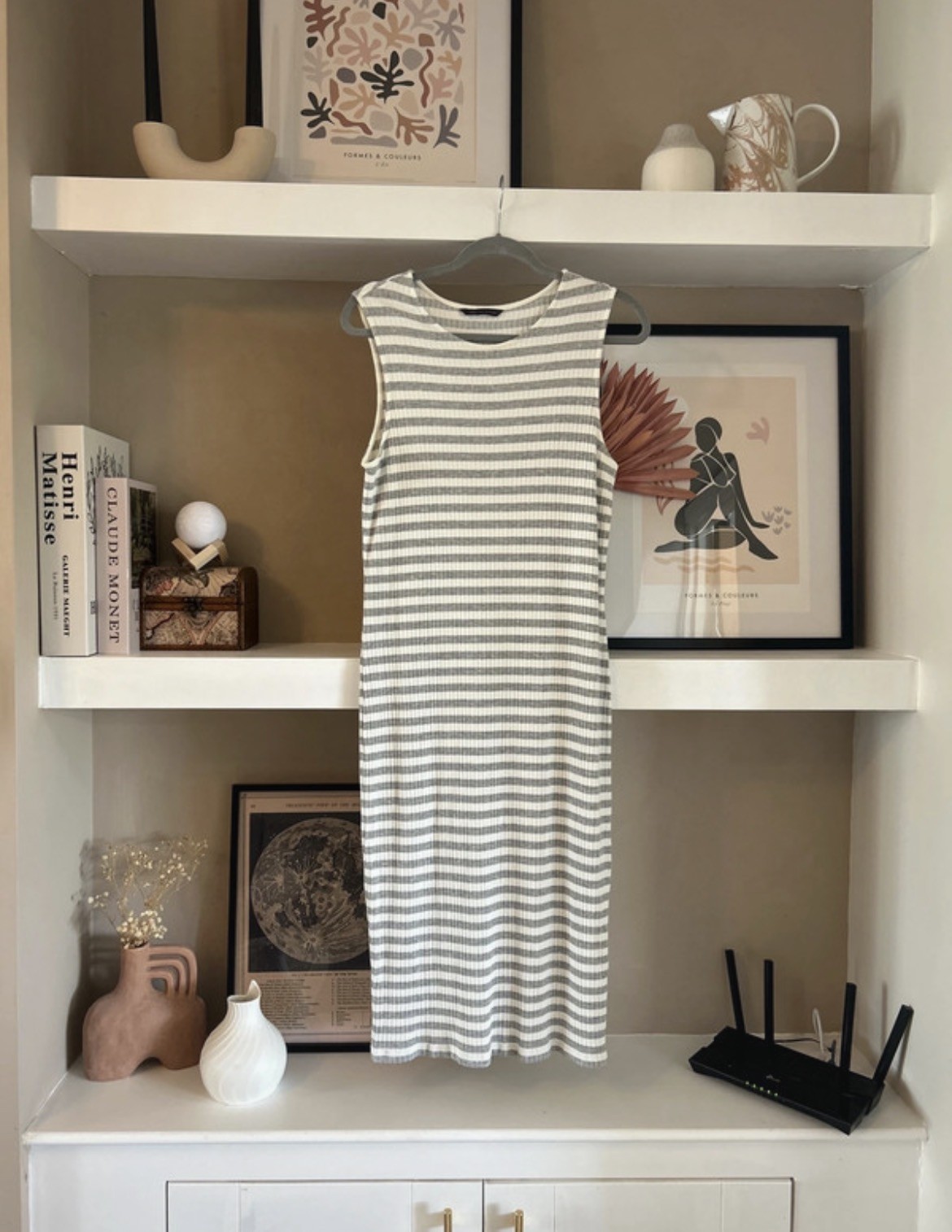 M&S Ladies Grey & White Striped Sleeveless Bodycon Midi Dress – Size 12