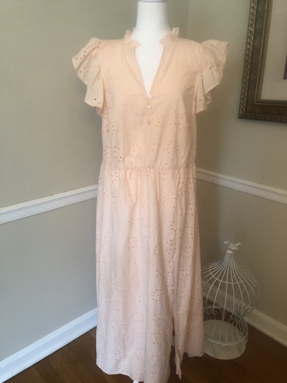 NWT Eloquii Womens Size 14 Light Pink Peach Lined Eyelet Maxi Dress Cap Sleeve