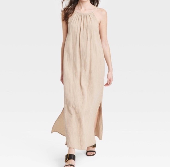 Universal Thread Women’s M Tan Cotton Gauze Maxi Dress Scoop Neck Coastal Boho