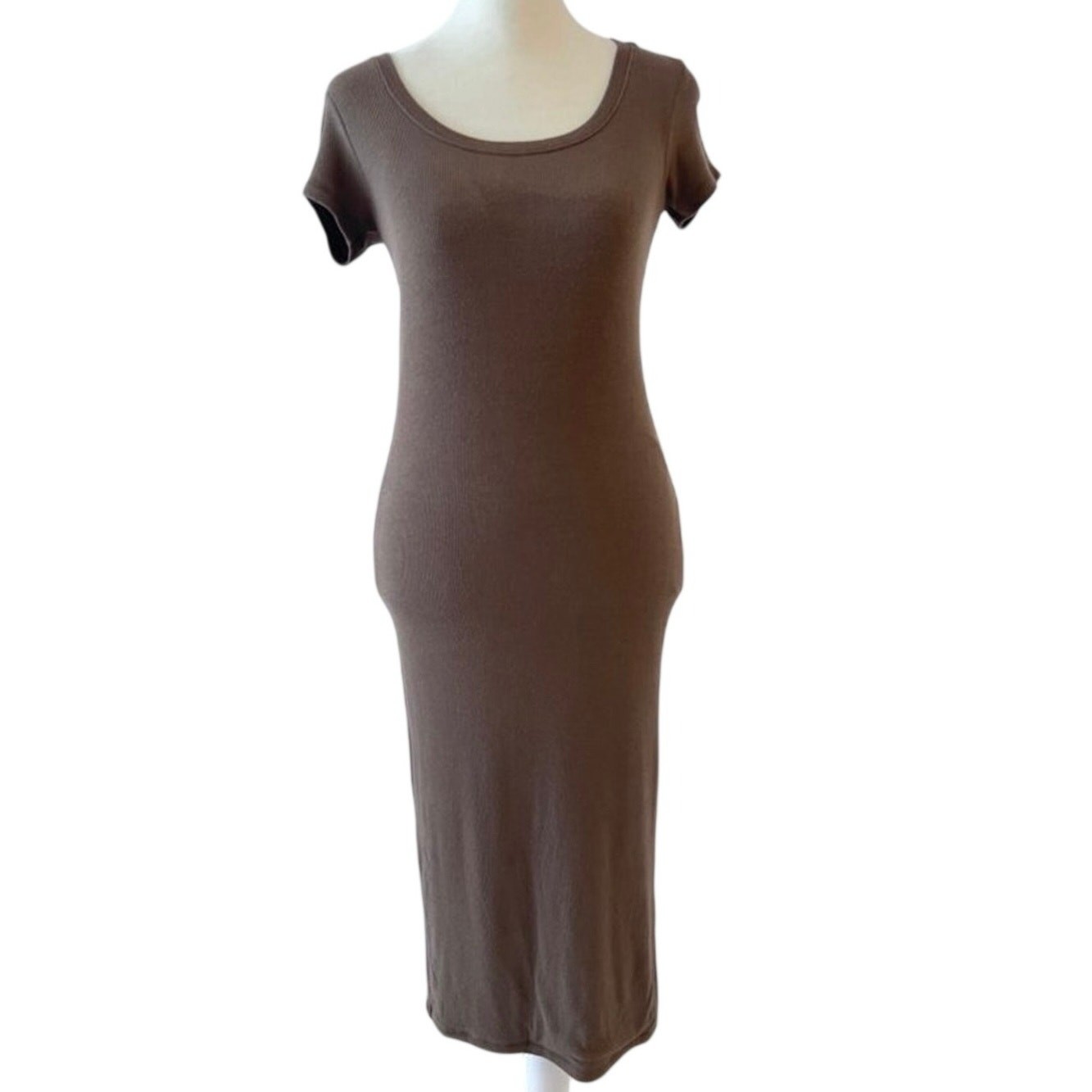 ATM Anthony Thomas Melillo Ribbed Midi Dress Olive Brown Bodycon Stretch sz XS