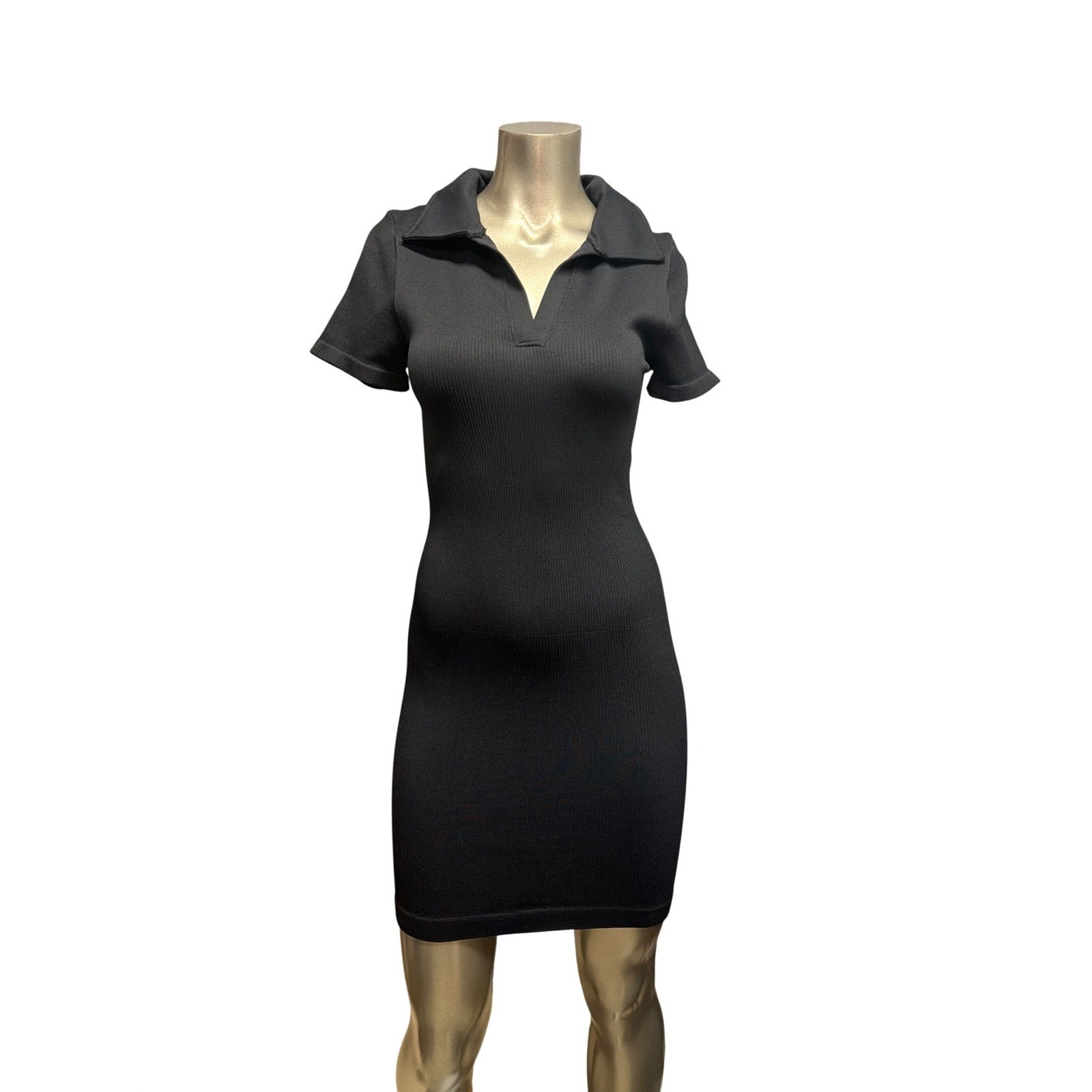 OQQ Women Black Stratch Ribbed Seamless Polo Mini Dress Short Sleeve Size S-M