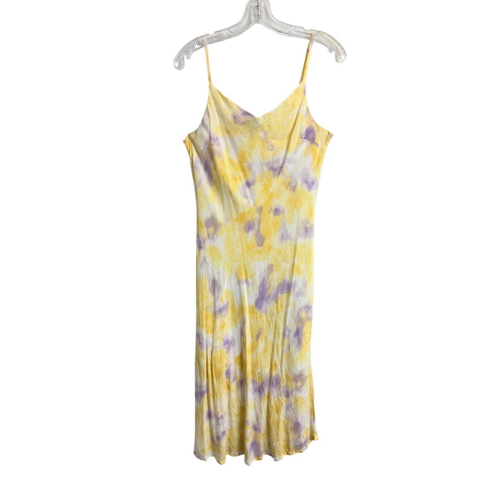 Dip Womens Tie Dye Midi Slip Dress Yellow Purple V-Neck Side Slit Size Medium