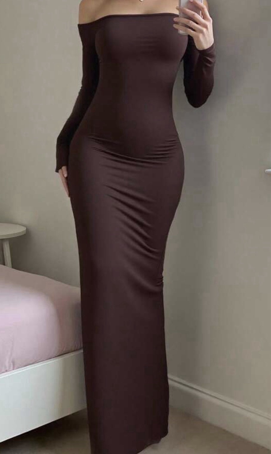 Women’s Brown Off-Shoulder Long Sleeve Stretch Bodycon Maxi Dress Size S