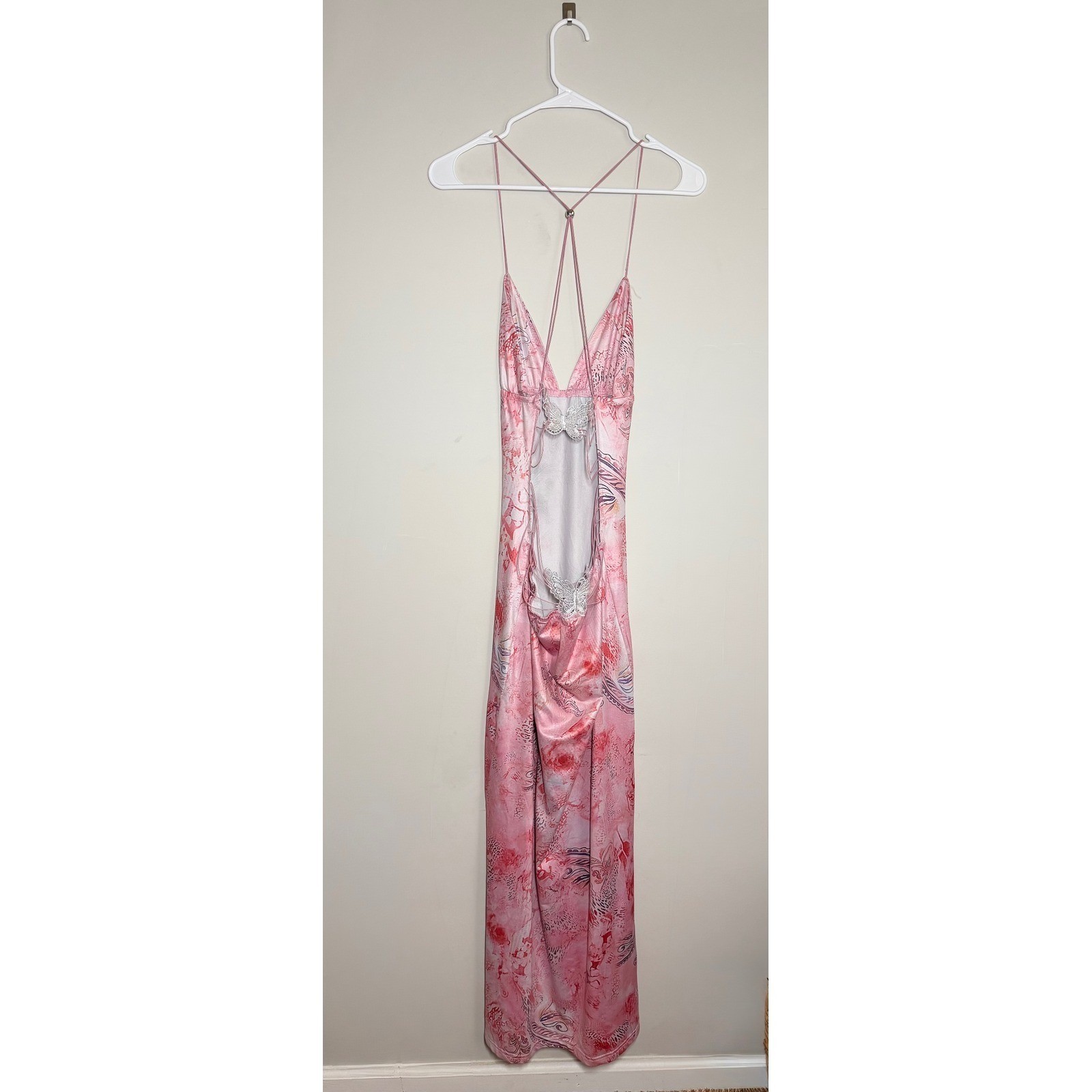 Pink Butterfly Applique Open Back Lace Up Maxi Dress Abstract Paisley Print