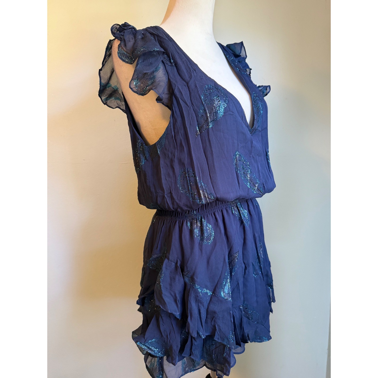 Ramy Brook Navy Blue Metallic Feather Silk Ruffle Mini Dress M boho whimsidainty