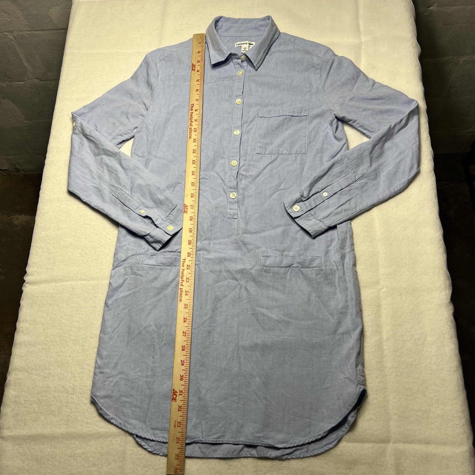 Lacoste Long Sleeve Half Button 100% Cotton Blue Tunic Dress Size 38 Women’s