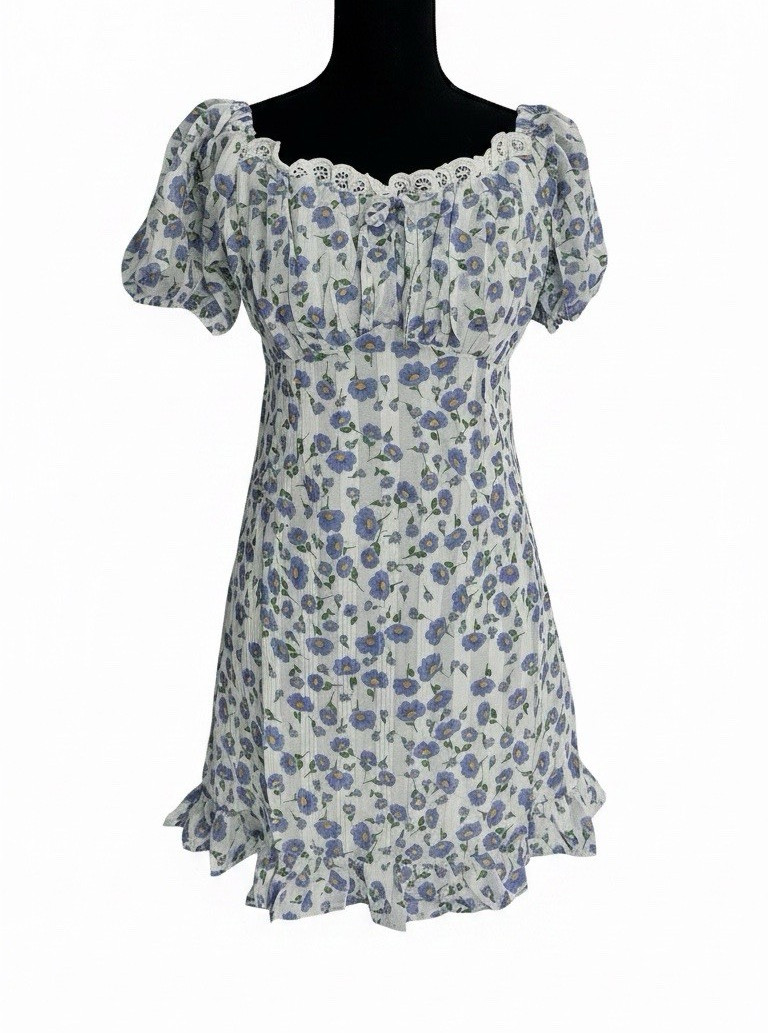 Flowers Women’s White/Blue Floral Puff Sleeve Square Neck Ruffle Mini Dress S