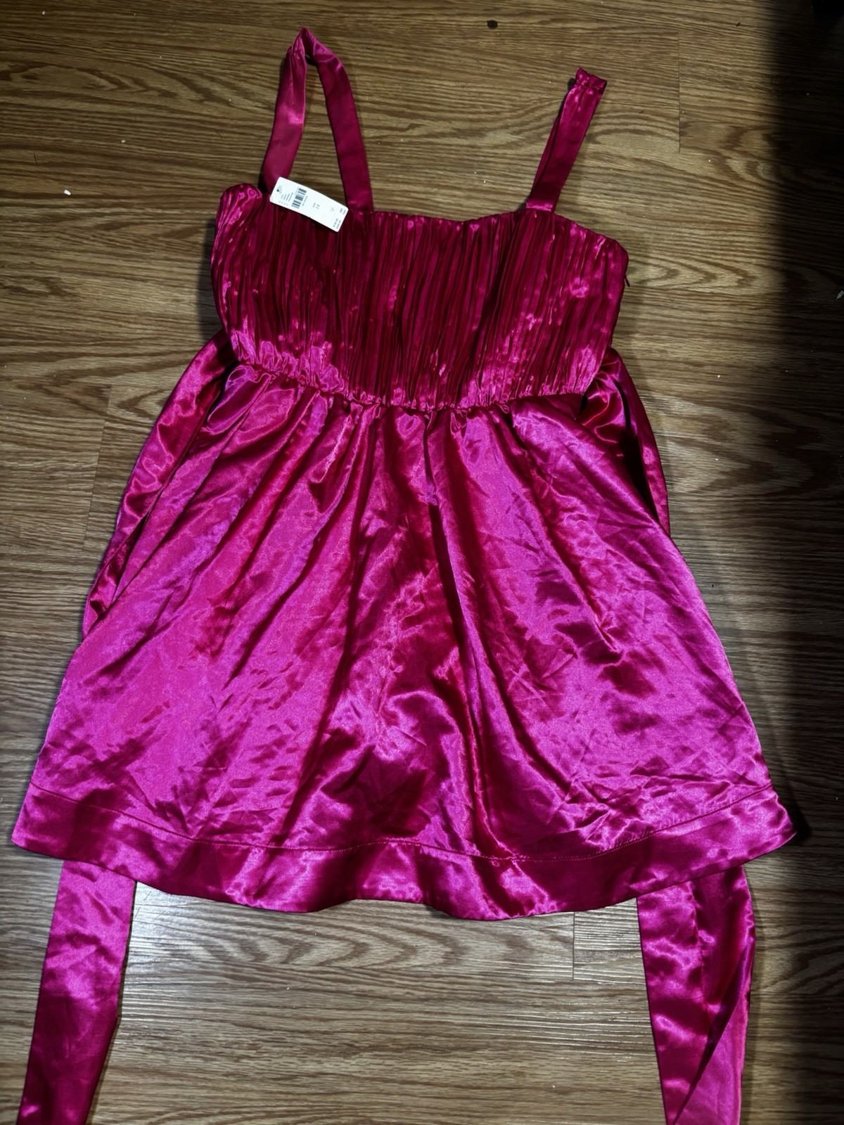 Anthropologie Pink Satin Pleated Smocked Square Neck Strappy Mini Dress 14