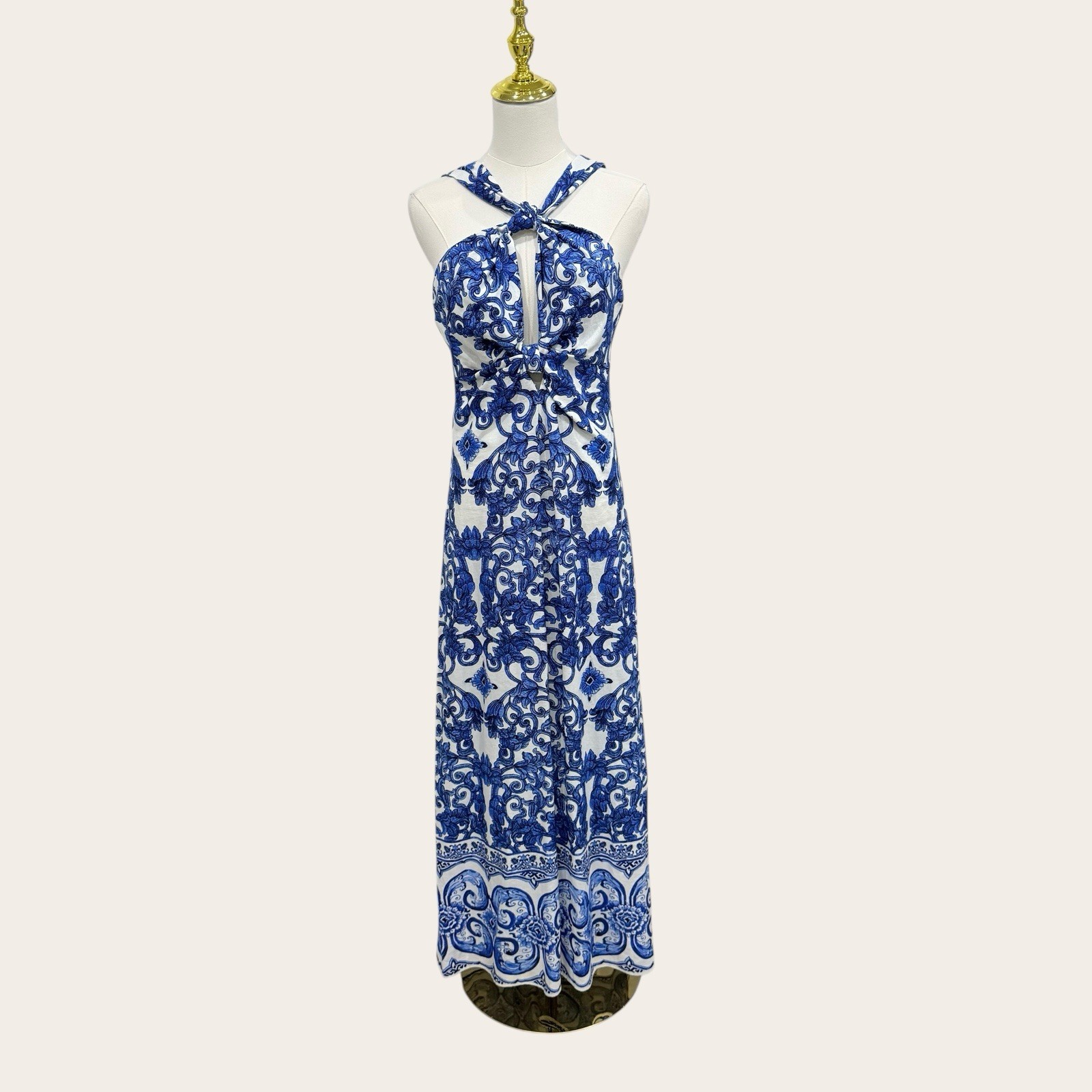 Antonio Melani Bronwyn Blue Tile Print Linen Blend A-Line Halter Maxi Dress SZ 4