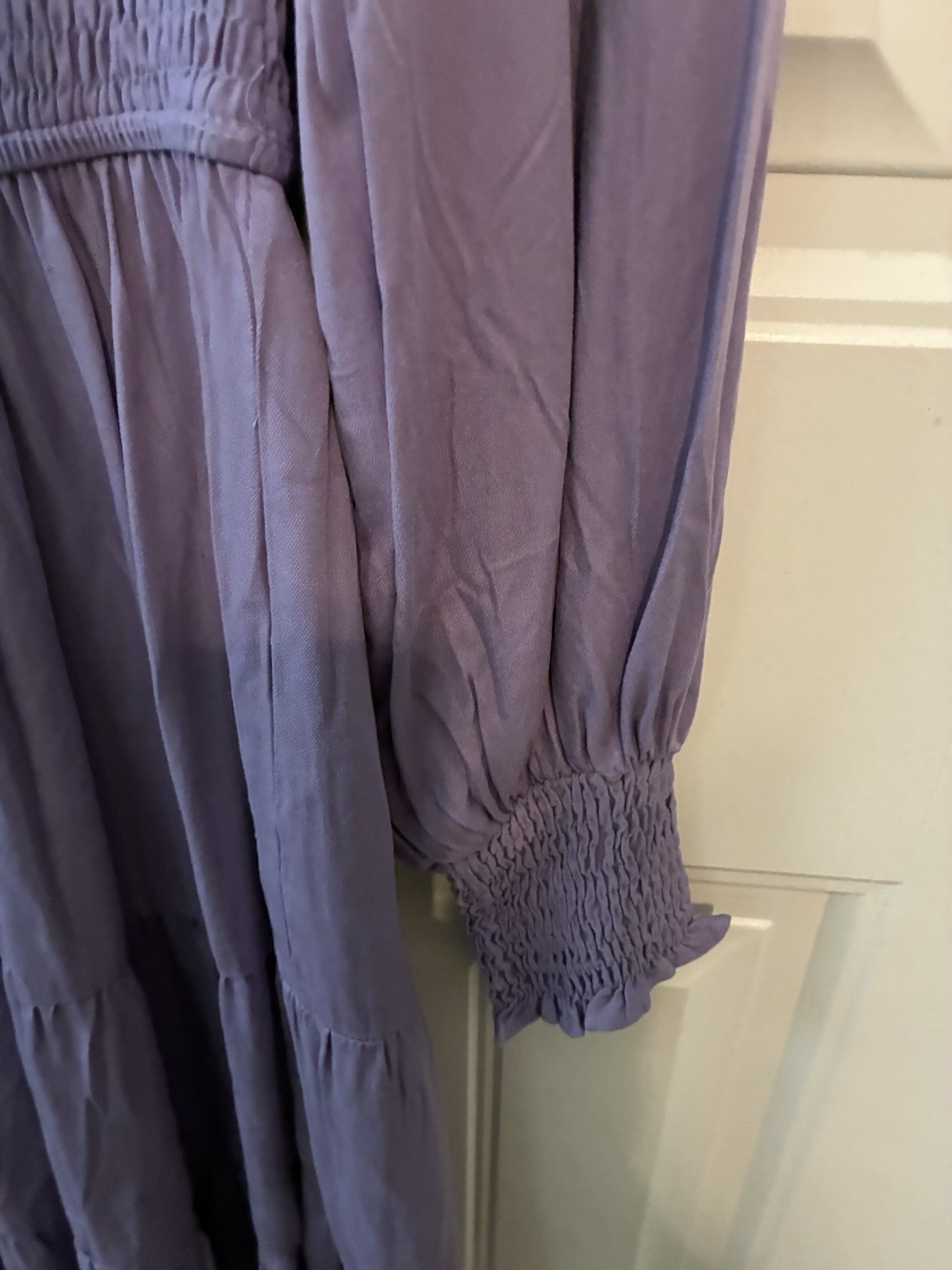 MEROKEETY Purple Solid Smocked Tiered A-Line Dress Round Neck Long Sleeve M