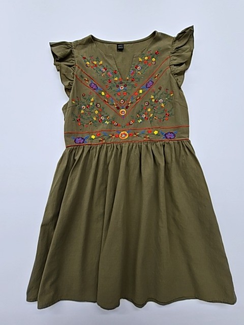 SHEIN Kids Olive Green Embroidered Knee-Length V-Neck Dress