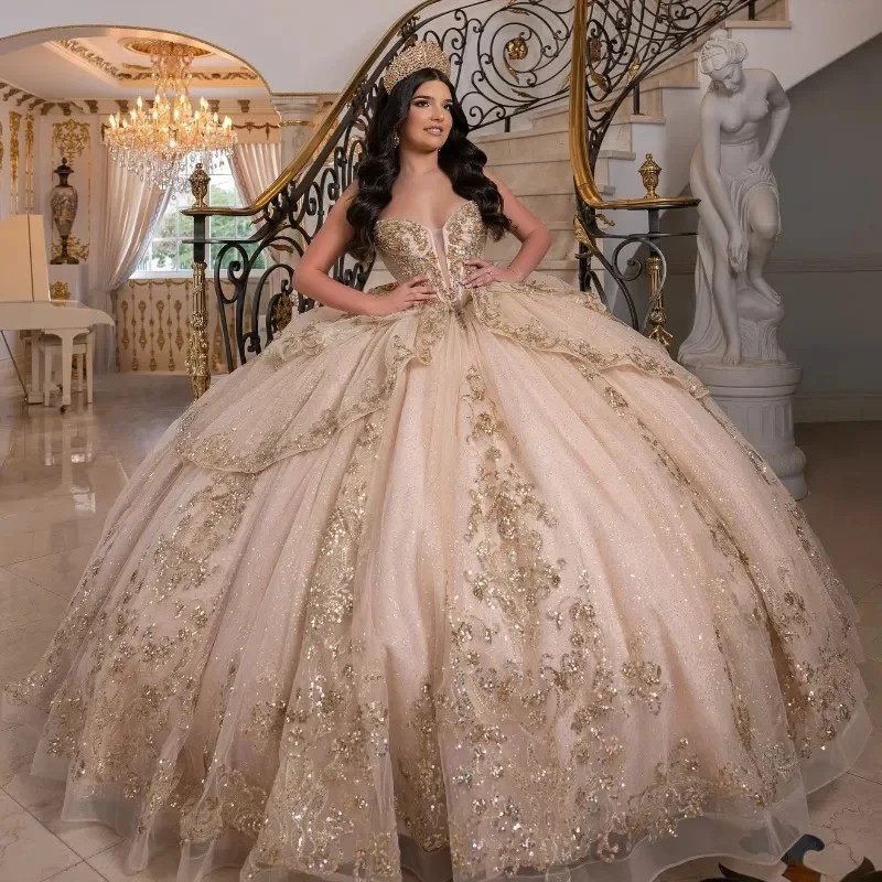 Shiny Champagne Quinceanera Dress Appliques Lace Bow Beading Strapless Ball Gown