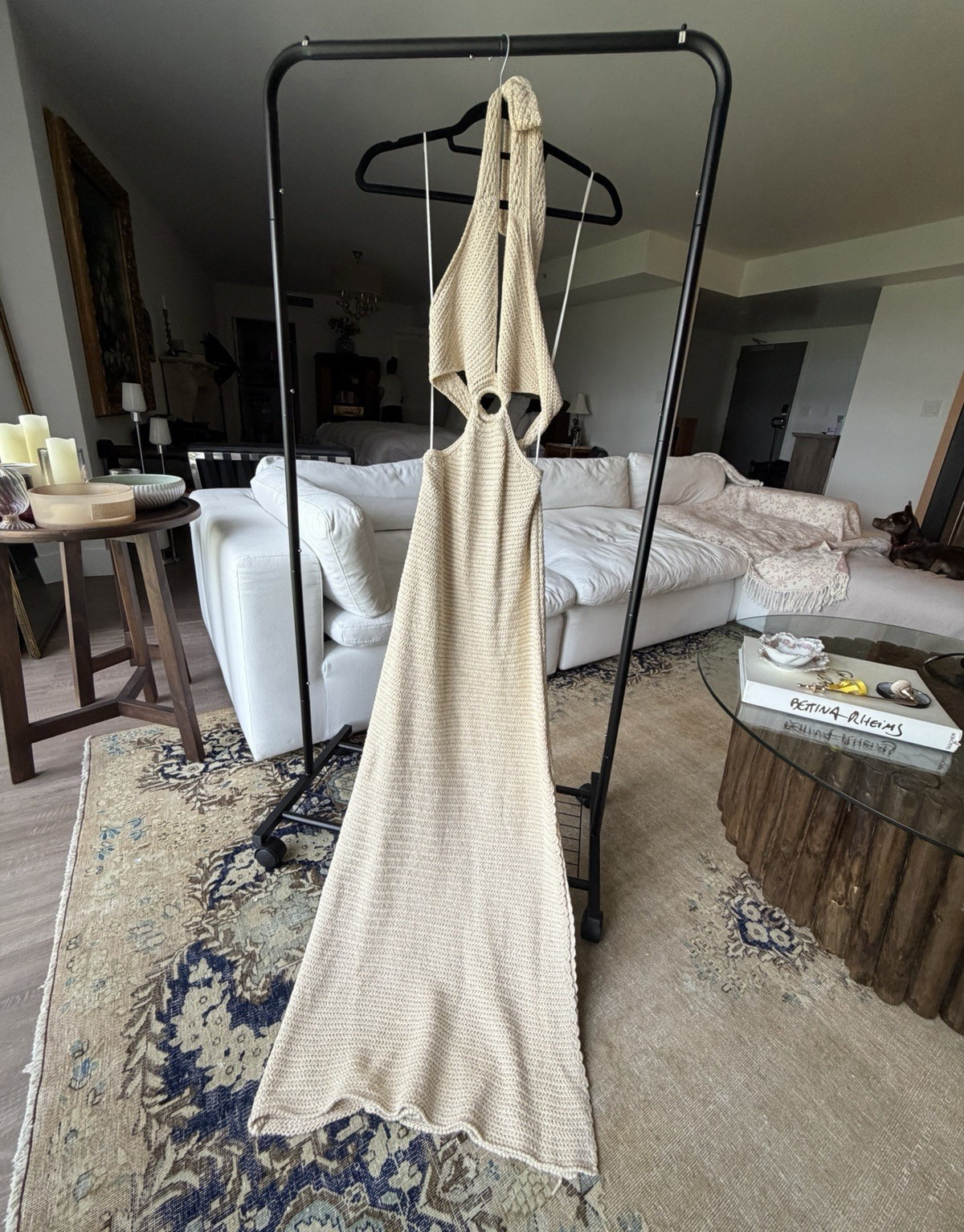 MINKI Beige Crochet Cotton Halter Backless Cut-Out Maxi Dress Sz