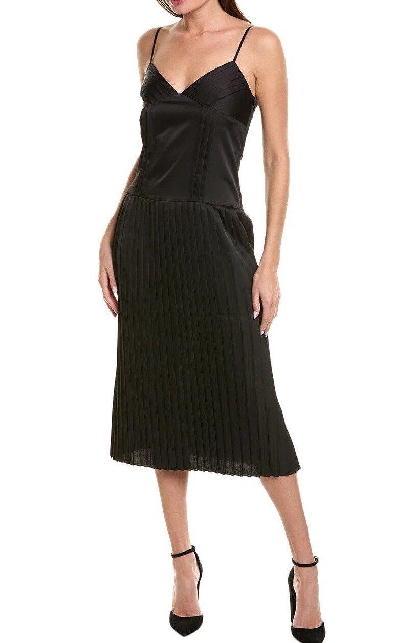Rebecca Taylor Dress Size 8 Black Sateen Pleated Sleeveless Slip Midi LBD $325