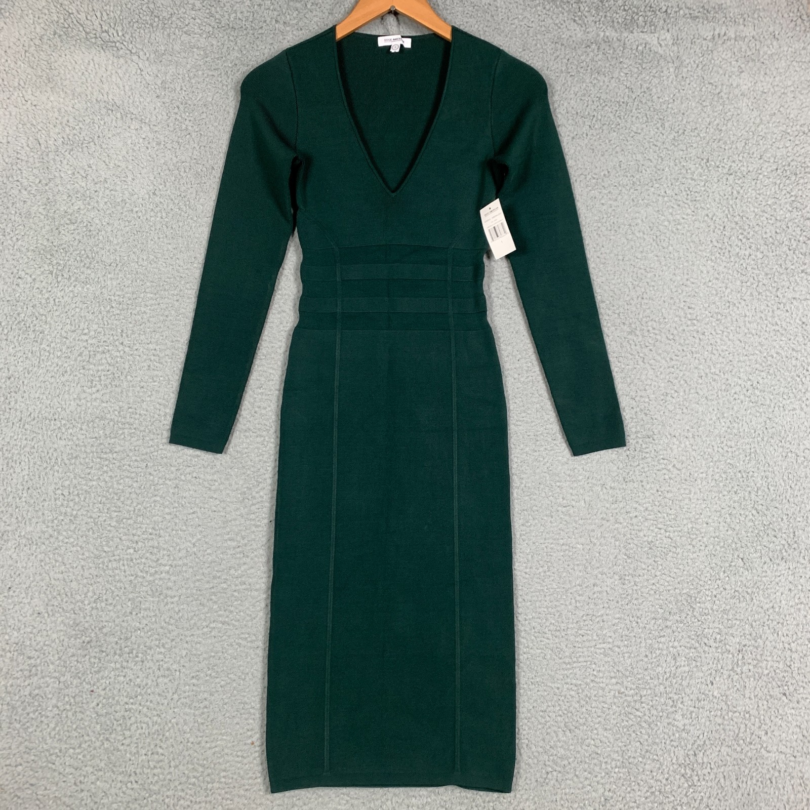 NWT Good American Low Down Dress Sz 1/S Emerald V Neck Long Sleeve Midi Bodycon
