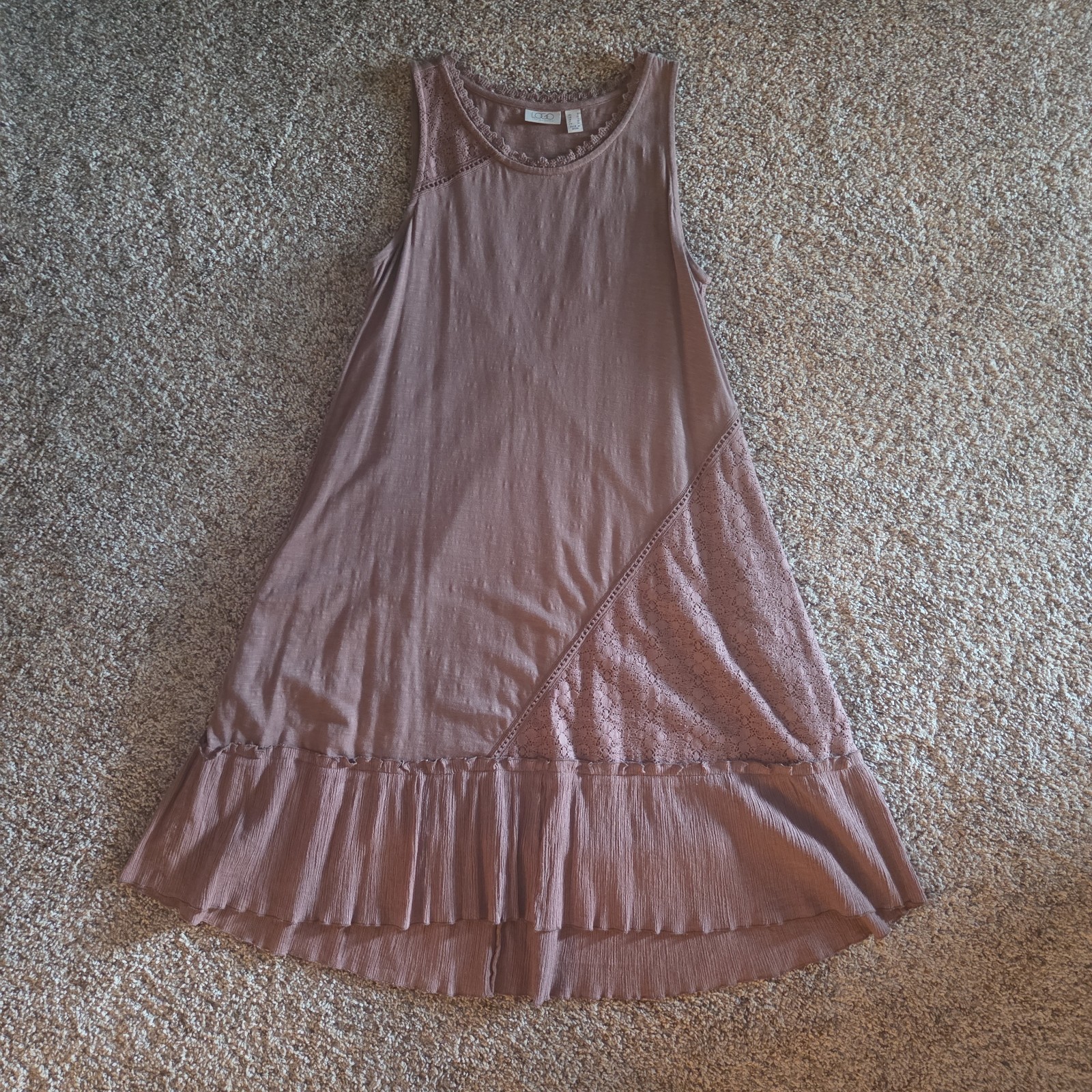 Small Cocoa Brown Sleevelss Dress Cotton Gauze Lace Ruffle LOGO Lori Goldstein