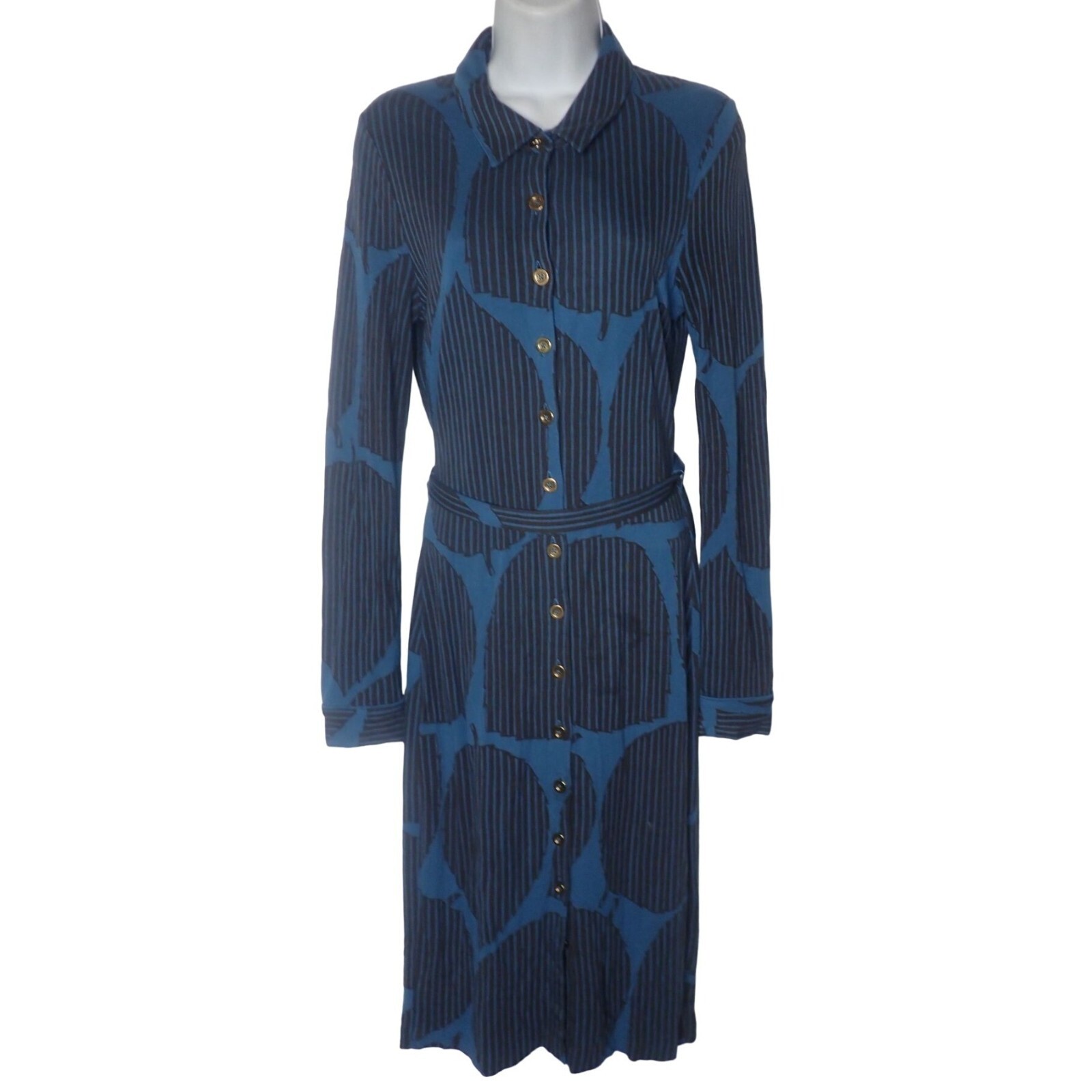 Boden Blue & Black Button-Down Long-Sleeve Dress UK 8 US 4 Belted Career Classic