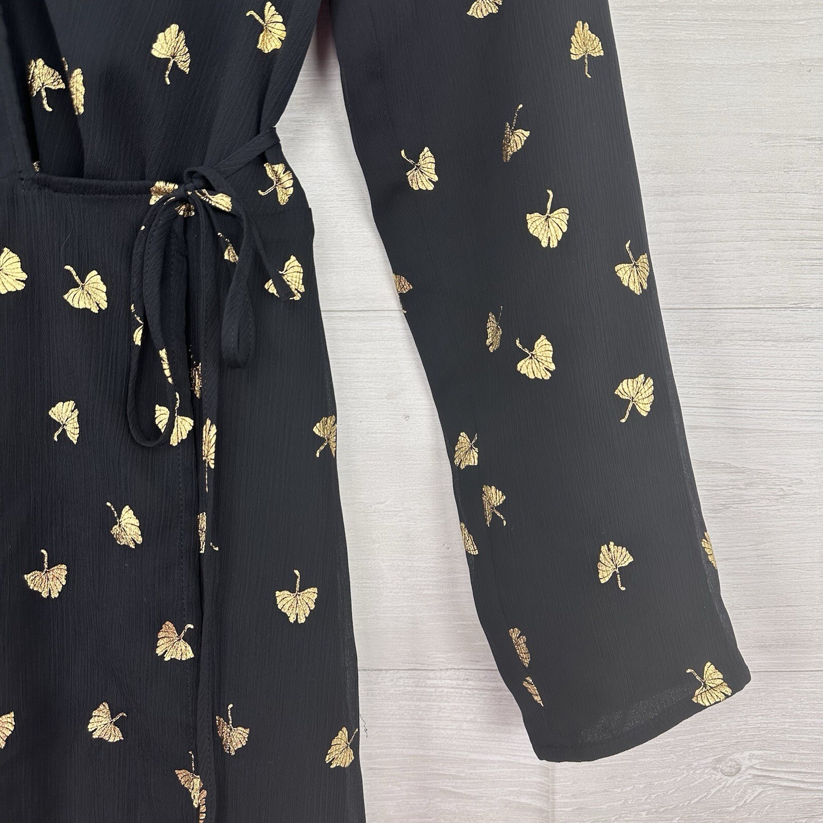 & Other Stories Mini Wrap Dress Size 0 Black Gold Leaves Long Sleeve Twee