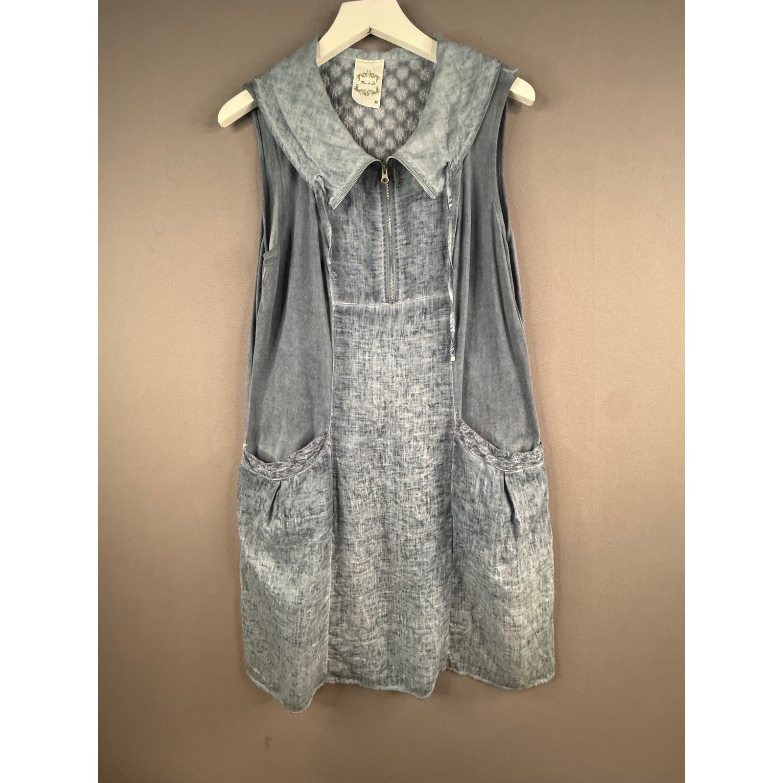 Fleur de Lis Sleeveless Linen Dress Women Size M Blue Zip Front Lagenlook