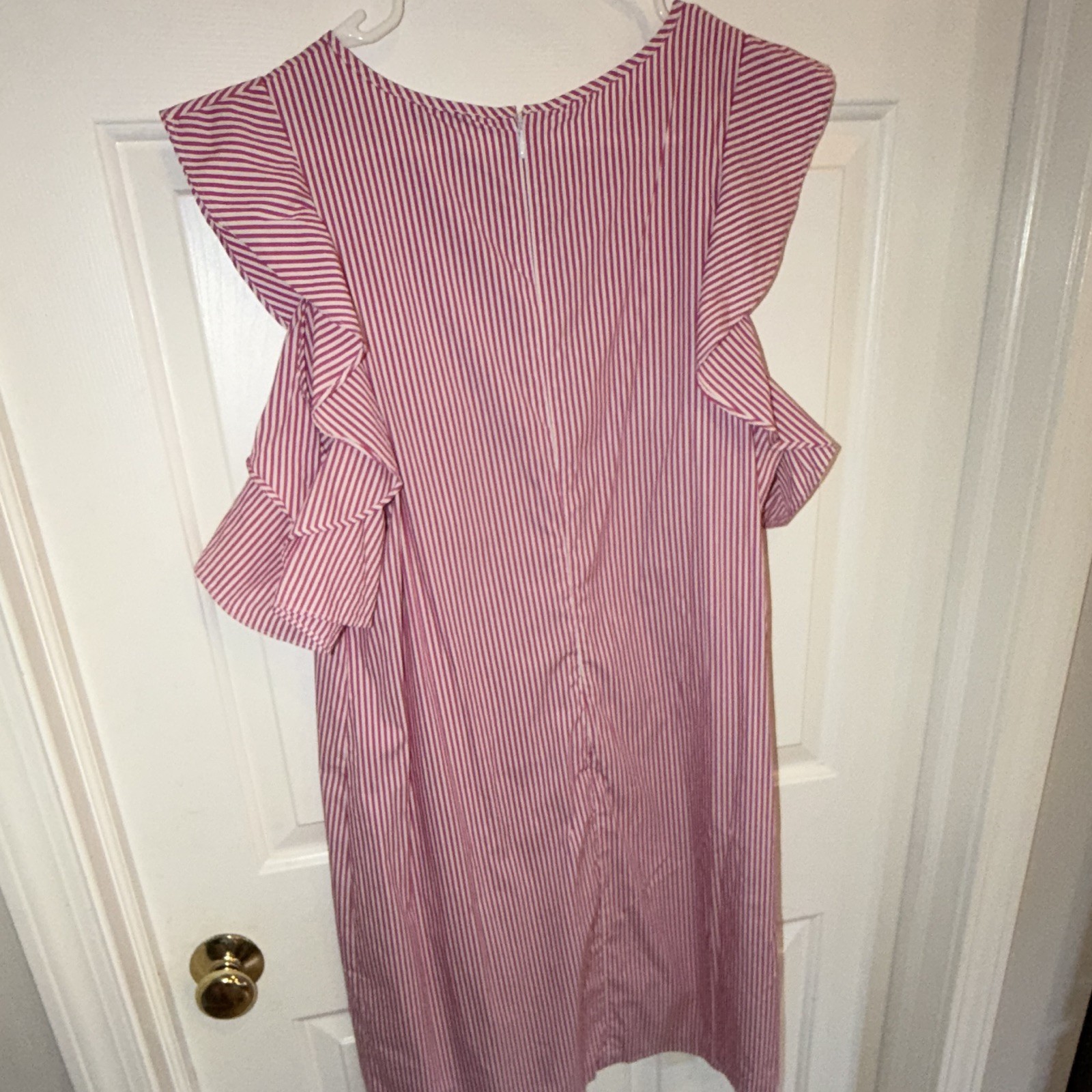 J. McLaughlin Striped Cold Shoulder Ruffle Shift Dress Pink/White XL Knee