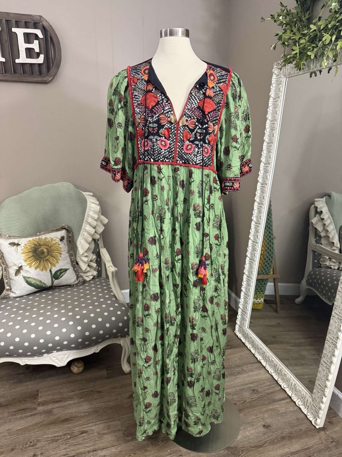 Verb By Pallavi Singhee XL Basil Embroidered Maxi Dress Green