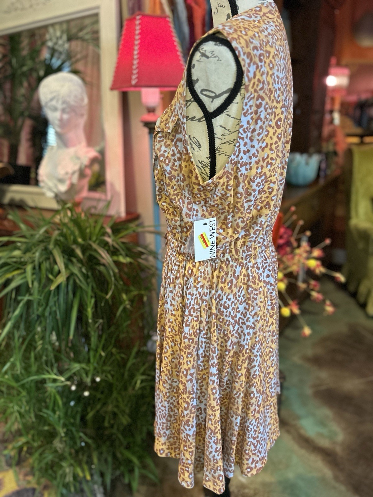 NWT Nine West Leopard Print Sleeveless Dress Button Drawstring Waist Size L