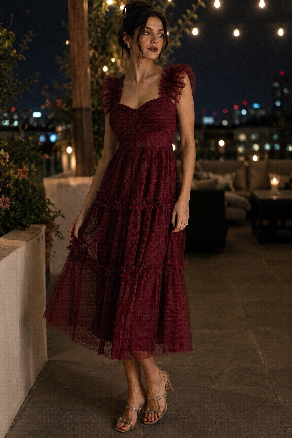 Whimsy Goth Burgundy Mesh Bustier Midi Dress M Swiss Dot Tiered Skirt Fairycore