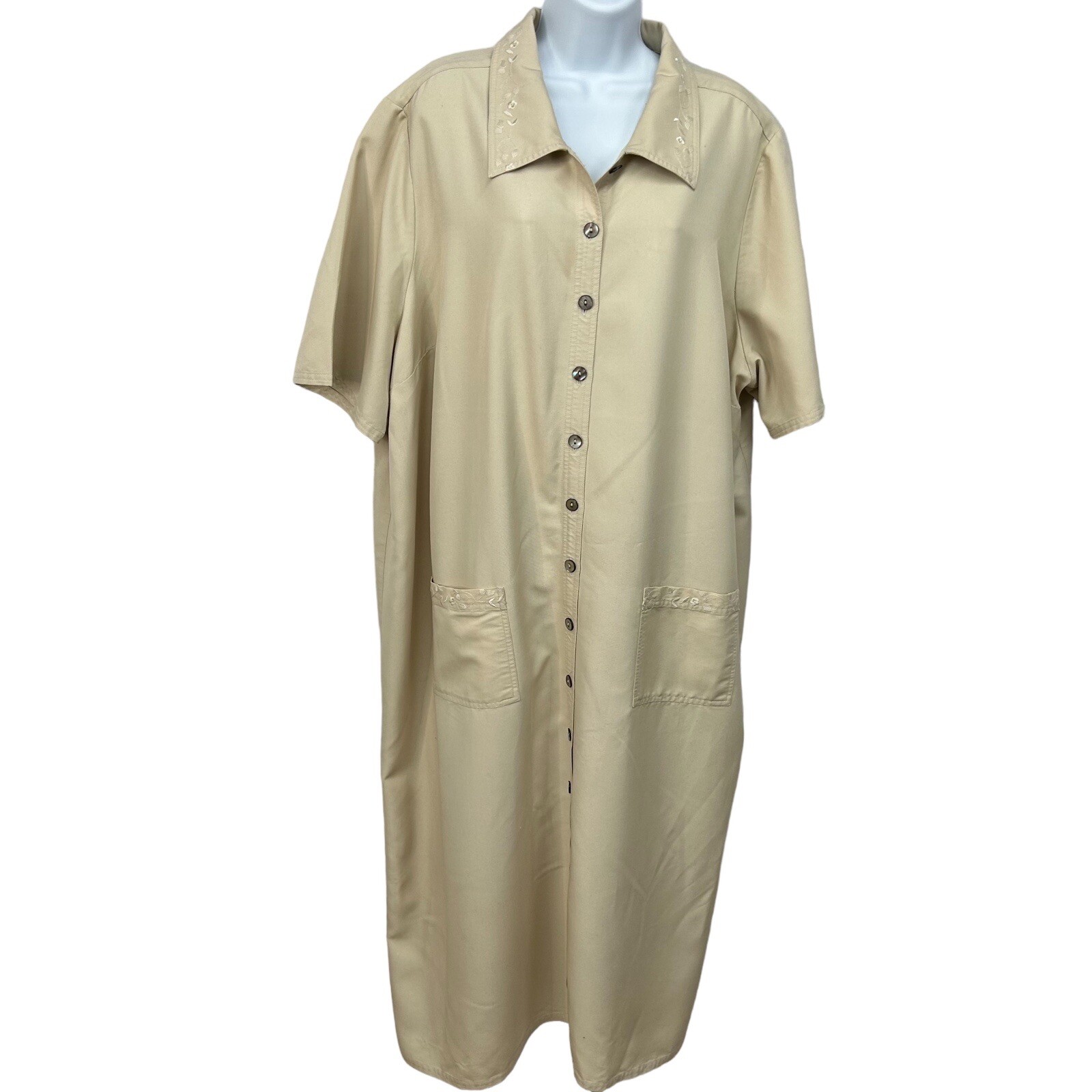 HSZ Studio Dress Women’s Size 3X Camel Long Button Front Pockets Short Sleeve