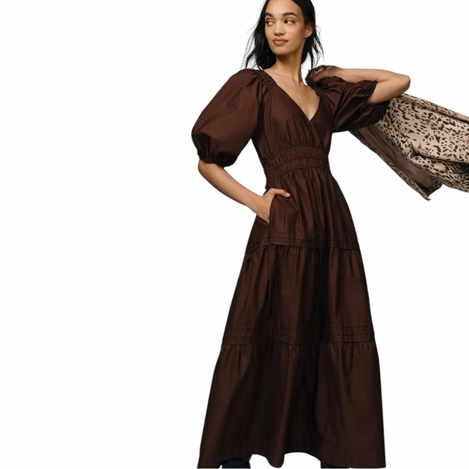 NWT Maeve Smocked V-Neck Half-Sleeve Tiered Midi Dressin Solid Brown Size XXSP