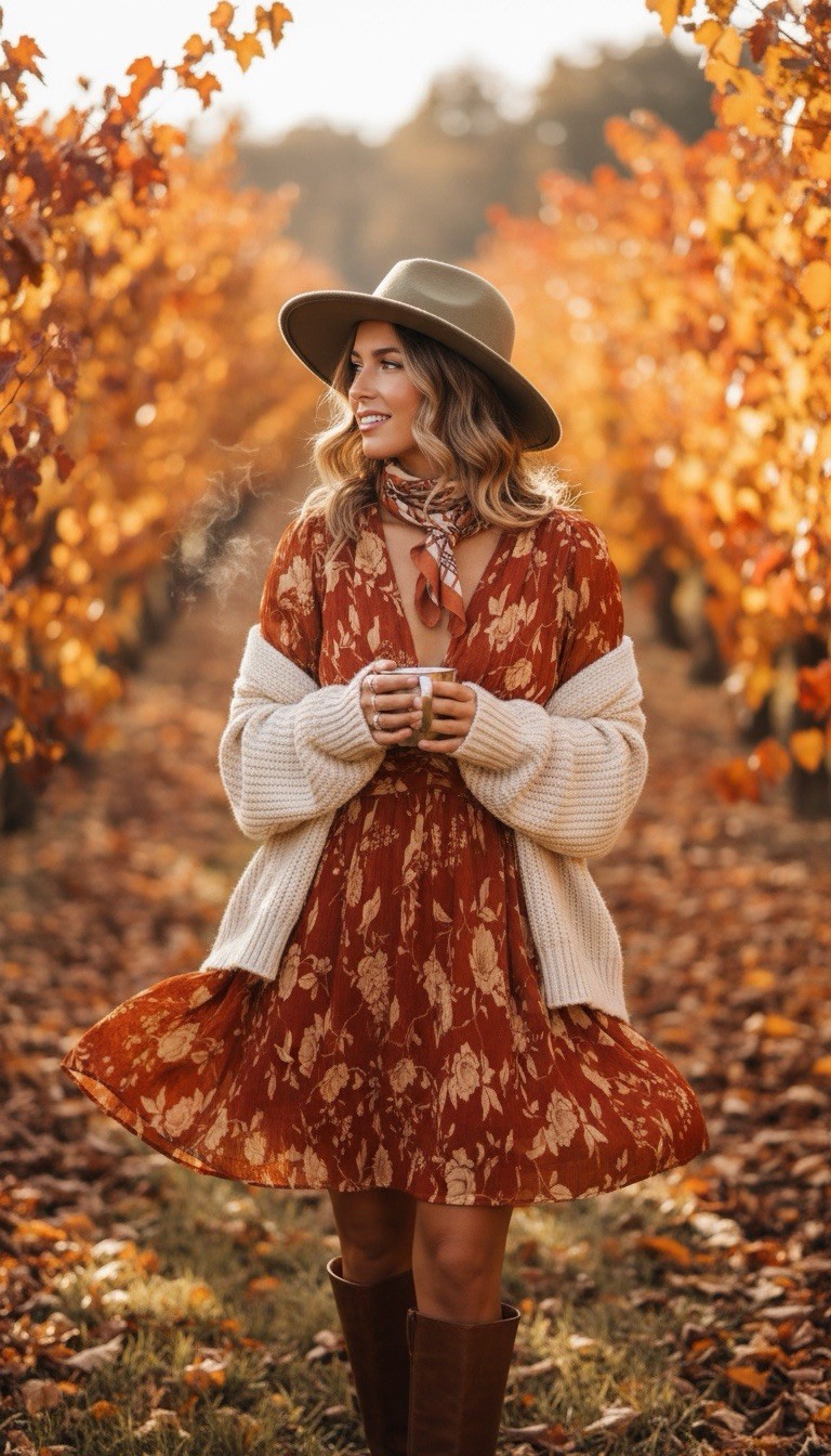 Lumiere Rust Orange Floral Long Sleeve Dress- Romantic Fall Elegance