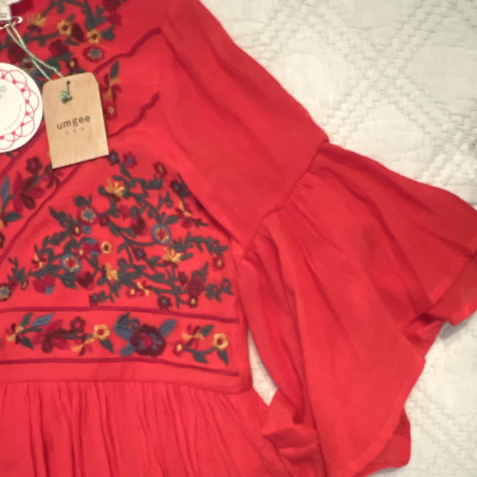 UMGEE Women’s Red Floral Embroidered Round Neck Bell Sleeve Short Dress S