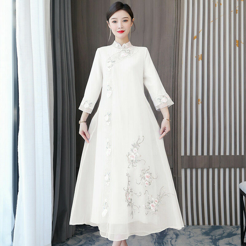 Women Floral Long Cheongsam Fairy Hanfu Dress Chinese Embroidered Qipao Ethnic