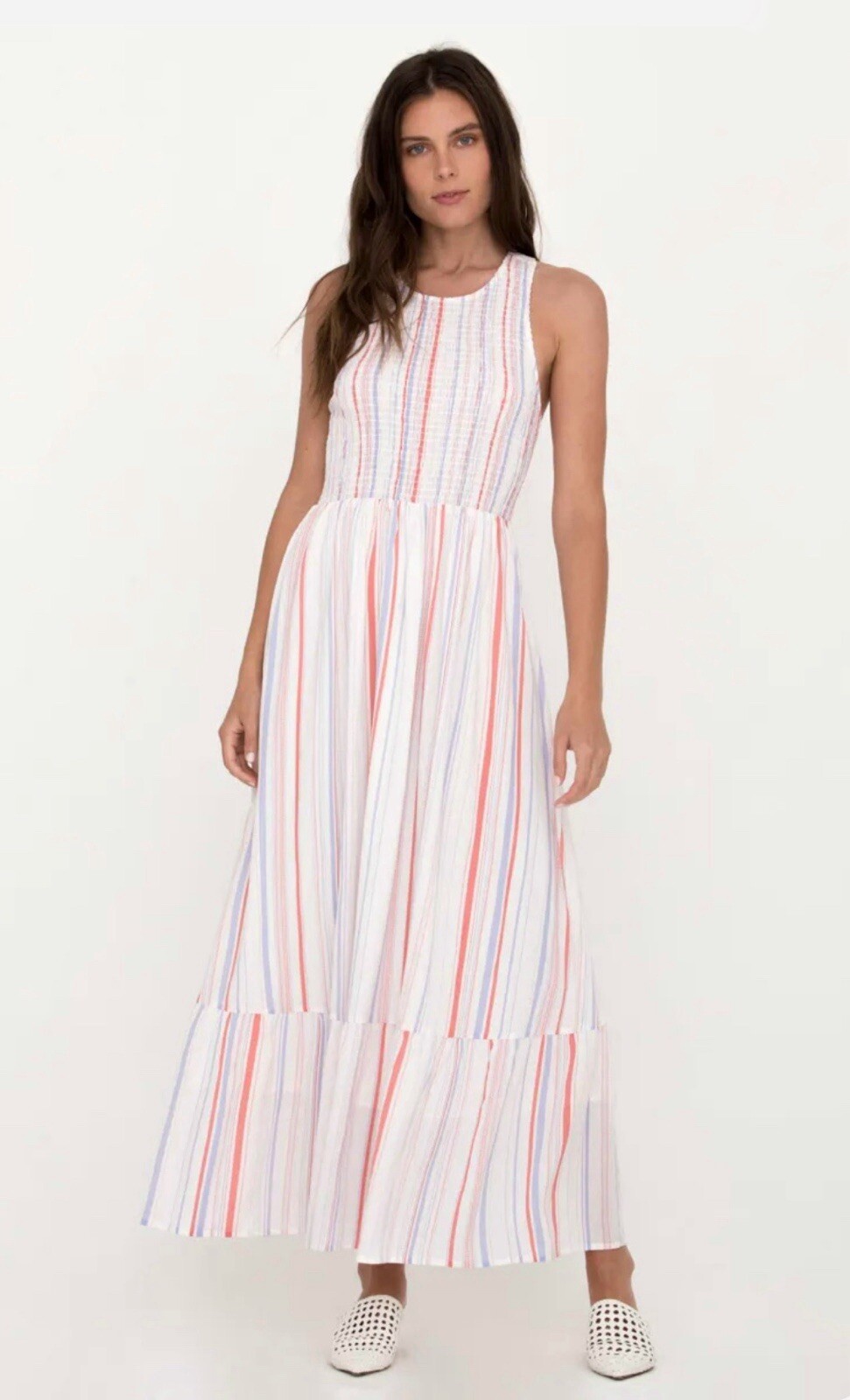 Miss Me White Striped Maxi Sundress S Smocked Racerback Tiered Resort Beach Boho