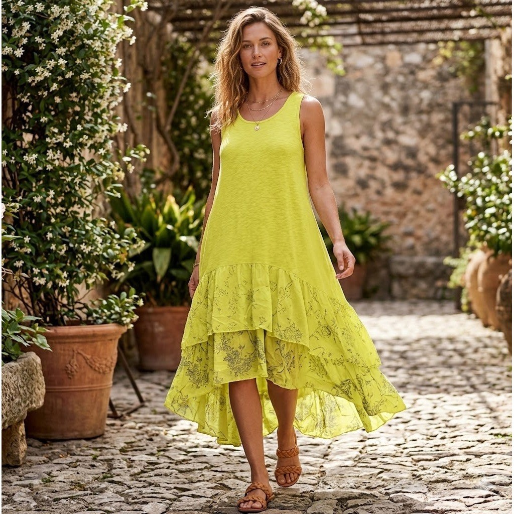 NWT Cristina Vergani Linen High-Low Dress Womens L Lime Lace Crochet Italy Boho
