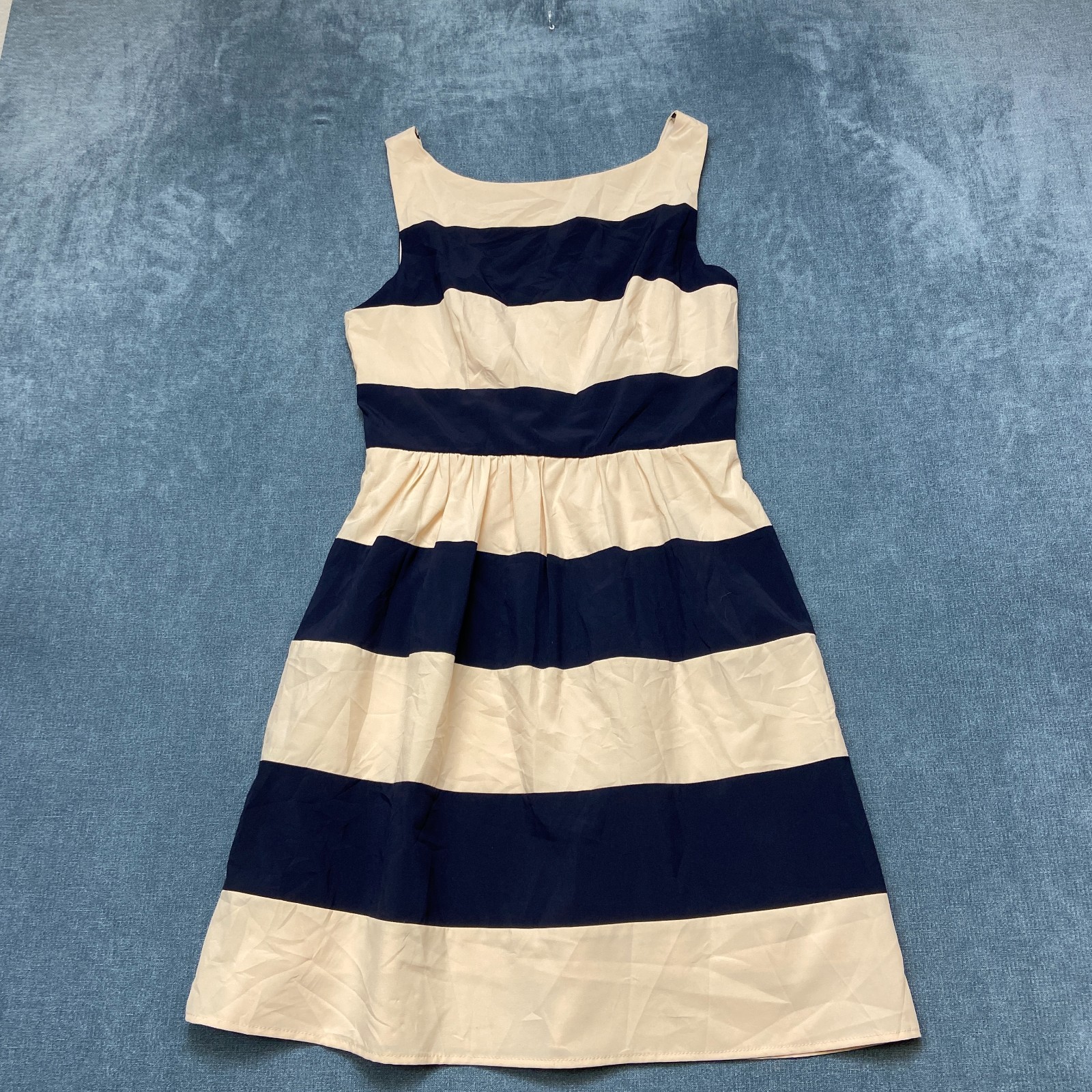 B. Darlin Fit & Flare Dress Womens 11/12 Beige Navy Striped Sleeveless Back Zip