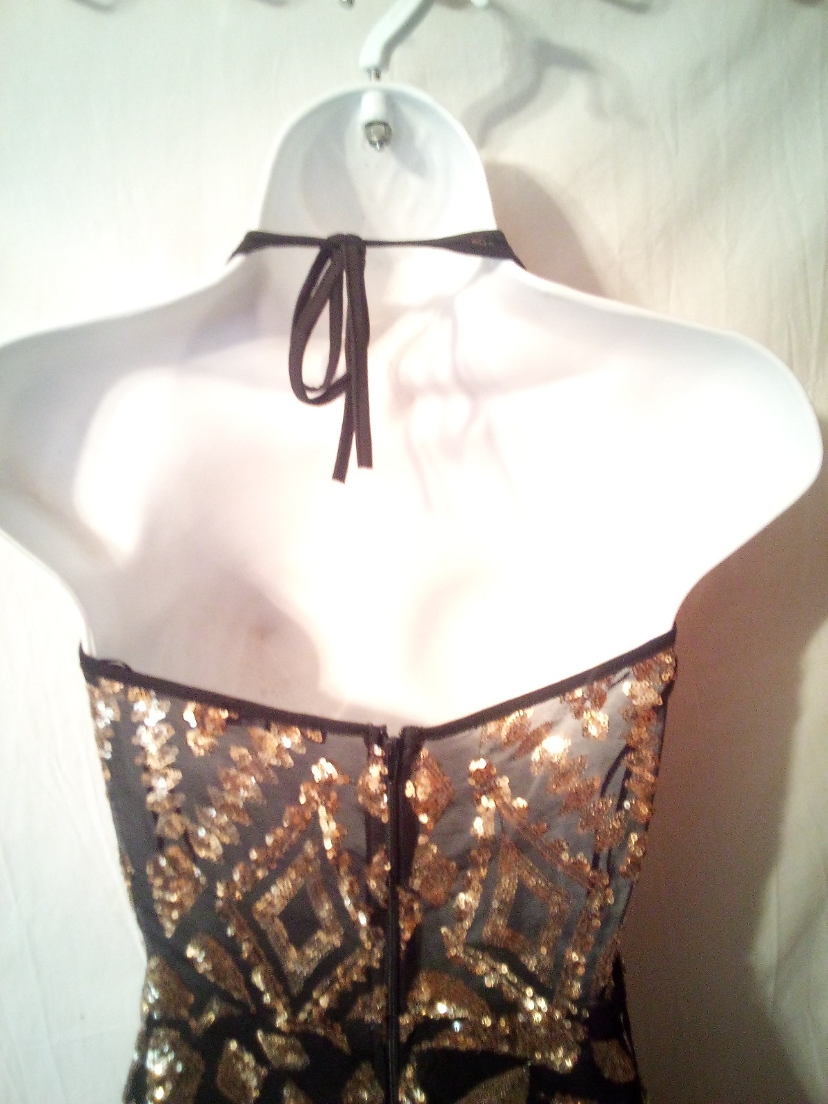 Fashion Nova~M~Sheer Black Gold Sequins Plunging Halter Dress Attached Panties~Q